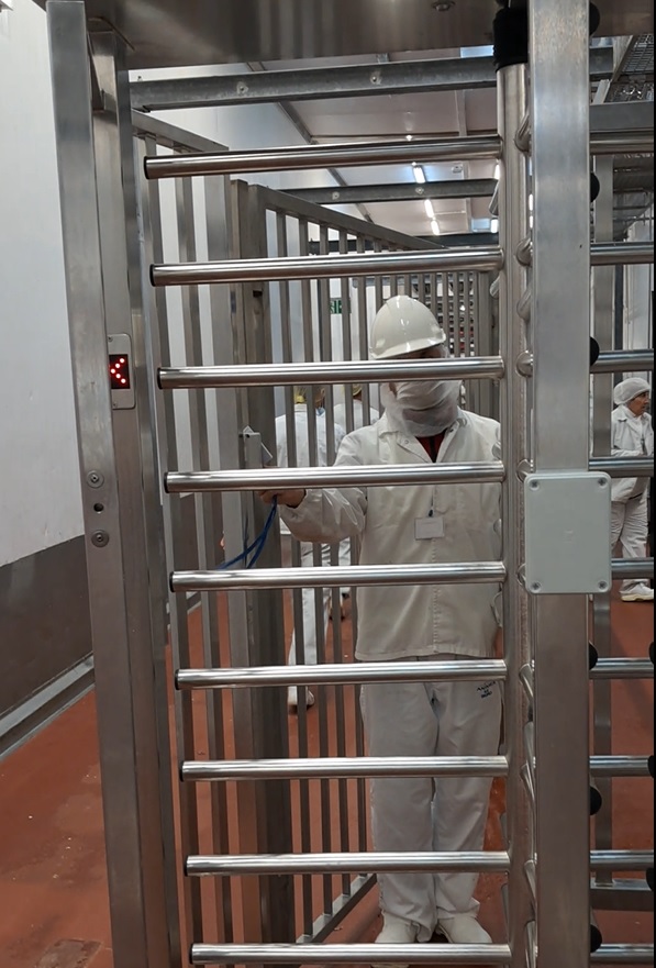 Pracownik przechodzi przez wysoką bramkę obrotową w zakładzie przetwórczym